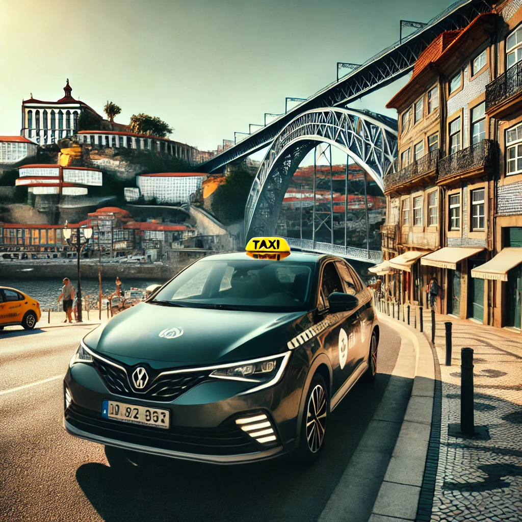 DALL·E 2024-09-14 20.44.55 - A scene in Porto, Portugal featuring modern taxis with black and green colors, as typically seen in Porto. The taxis are driving through the historic